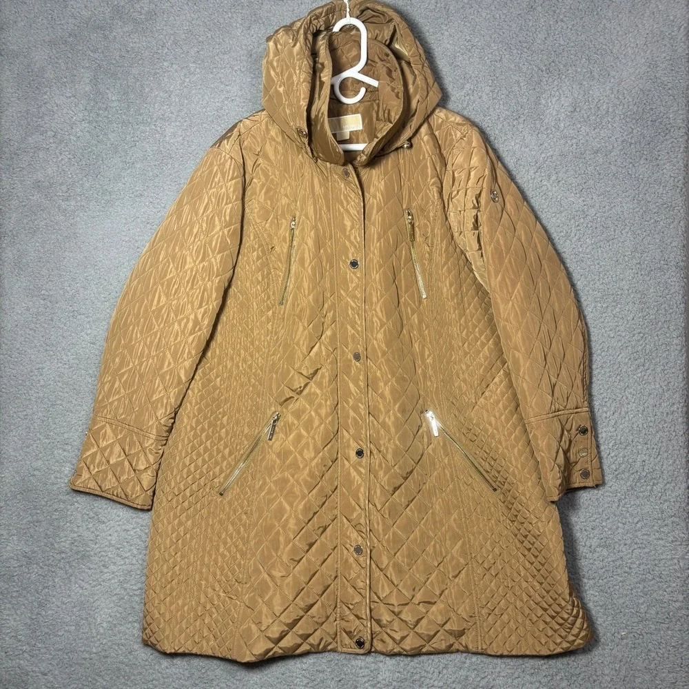 Michael Kors Womens 2X Quilted Hooded Parka Jacket Camel Tan RN 79675